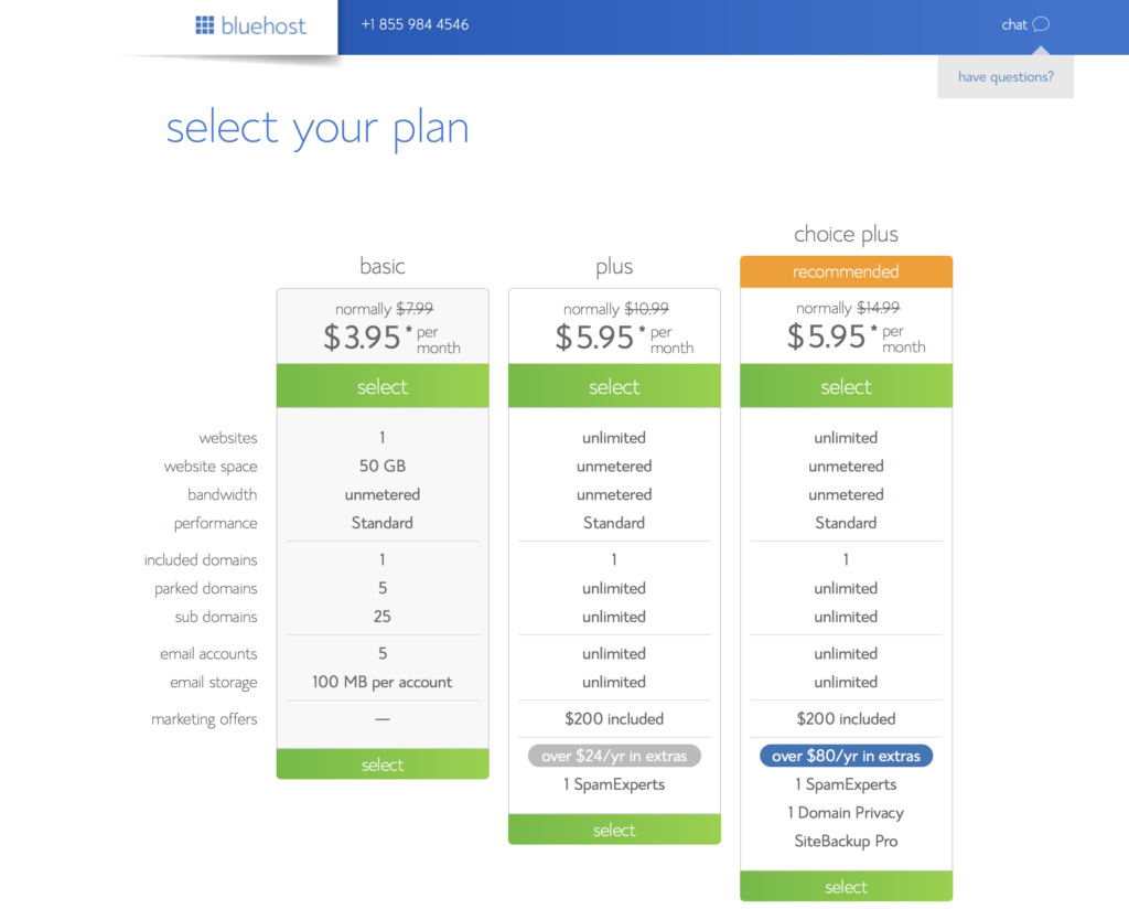 Screenshot of Bluehost