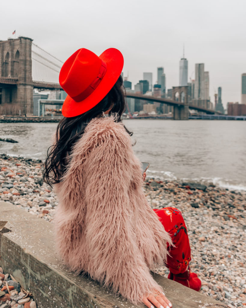 Woman in red hat looking at NYC skyline