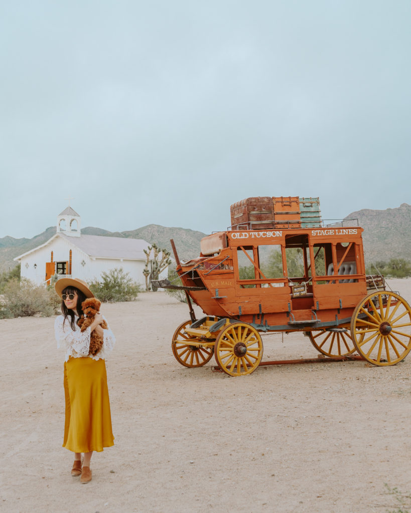 Woman holding dog standing in front of old fashioned stagecoach 