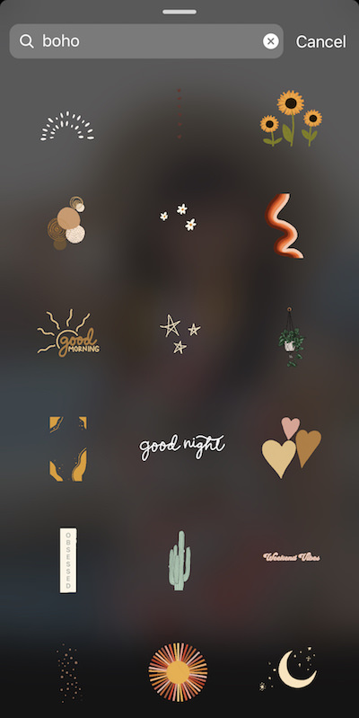 Screenshot of Instagram showing how to find boho Instagram story stickers / GIFs
