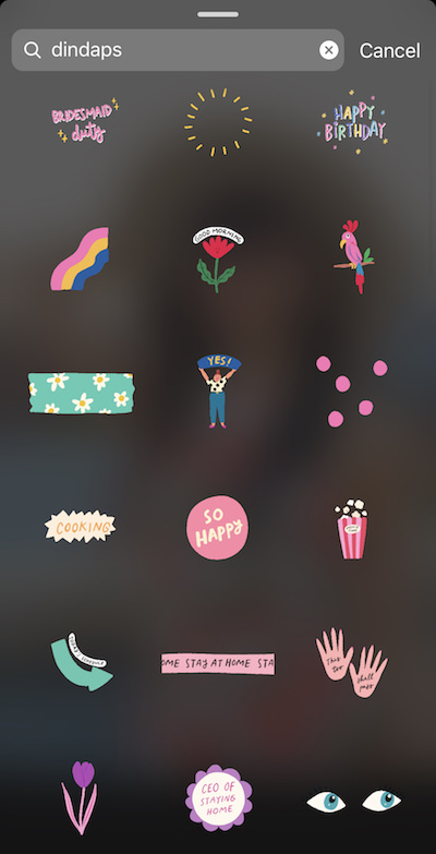 Screenshot of Instagram showing how to find aesthetic and cute Instagram story stickers / GIFs