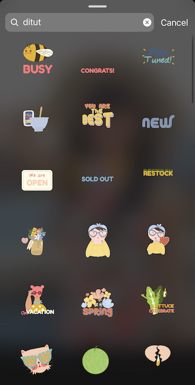 Screenshot of Instagram showing how to find aesthetic and cute Instagram story stickers / GIFs