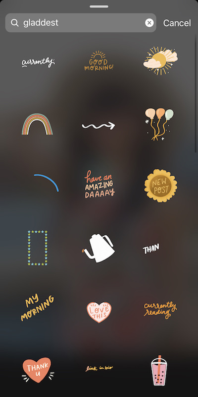 Screenshot of Instagram showing how to find aesthetic and cute Instagram story stickers / GIFs