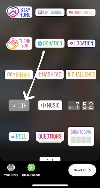 Screenshot of Instagram showing how to find aesthetic and cute Instagram story stickers / GIFs