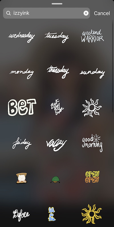Screenshot of Instagram showing how to find aesthetic and cute Instagram story stickers / GIFs