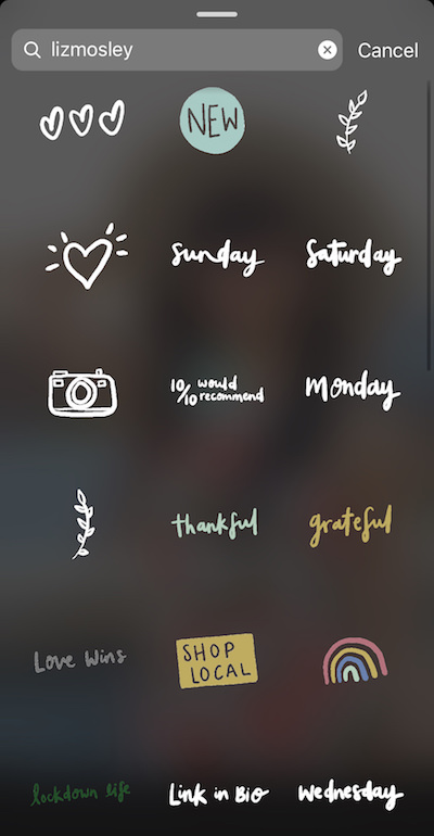 Screenshot of Instagram showing how to find aesthetic and cute Instagram story stickers / GIFs