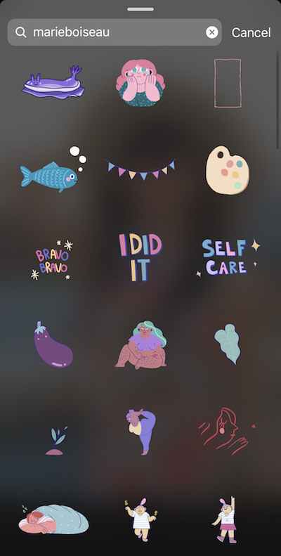 Screenshot of Instagram showing how to find aesthetic and cute Instagram story stickers / GIFs