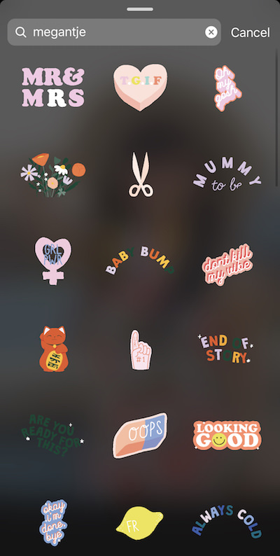 Screenshot of Instagram showing how to find aesthetic and cute Instagram story stickers / GIFs