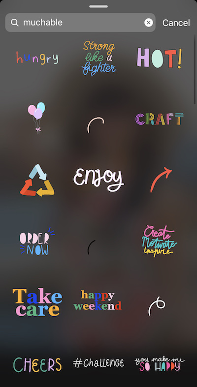 Screenshot of Instagram showing how to find muchable Instagram story stickers / GIFs