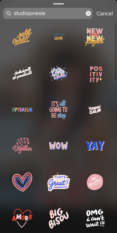 Screenshot of Instagram showing how to find aesthetic and cute Instagram story stickers / GIFs