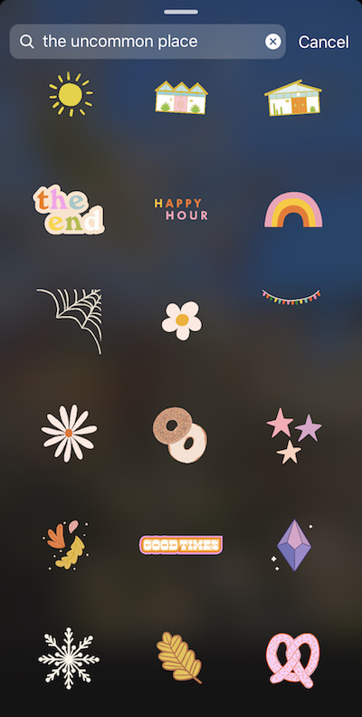 Screenshot of Instagram showing how to find aesthetic and cute Instagram story stickers / GIFs