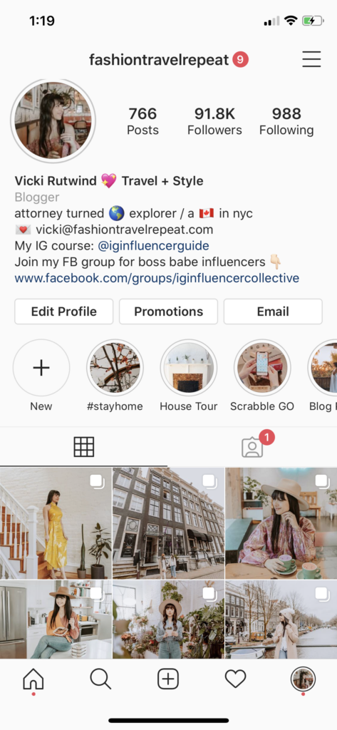 Screenshot of influencer's Instagram feed under the new Instagram algorithm of 2020