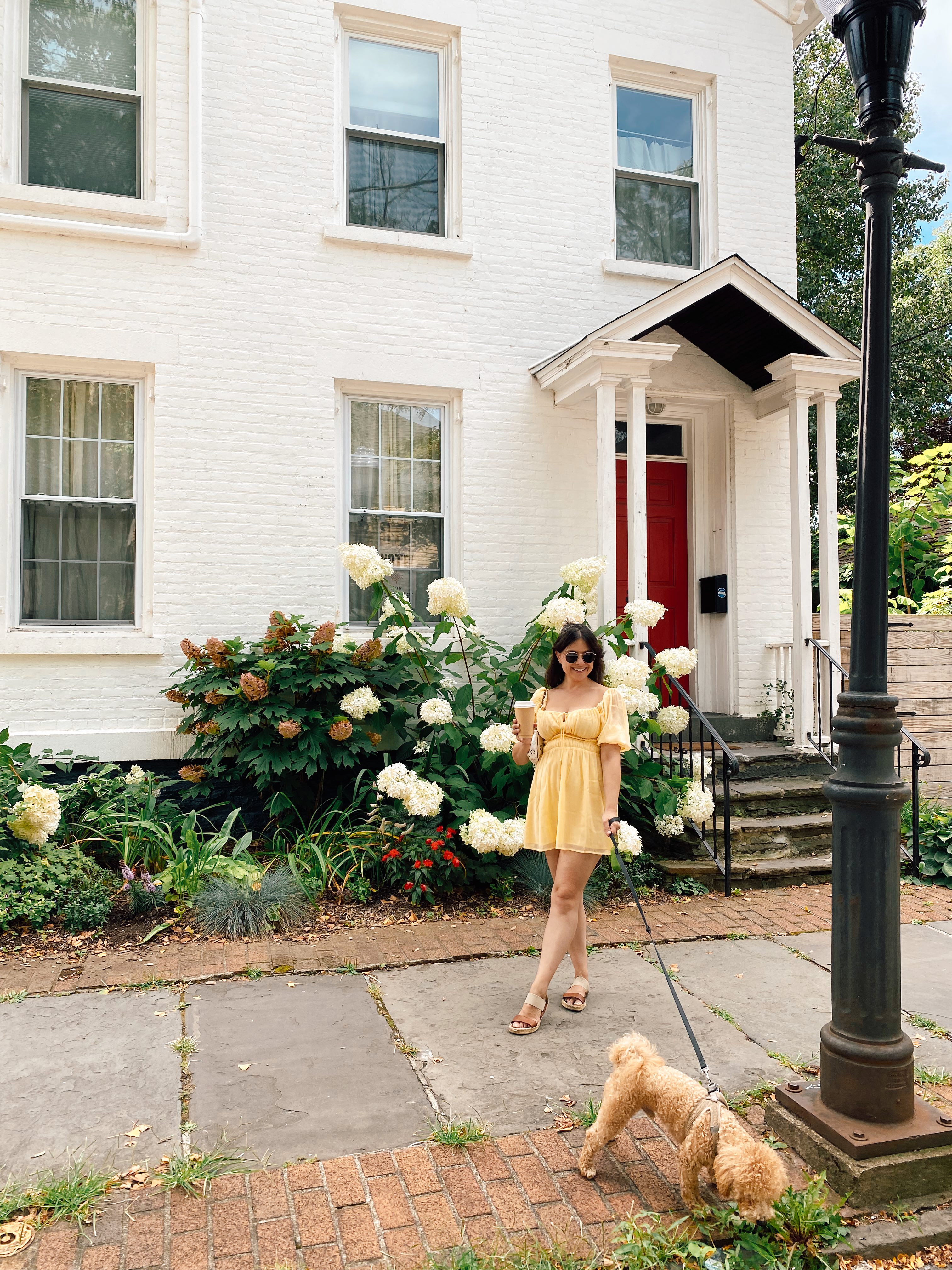 A woman wearing a yellow dress and walking her dog in front of a white house with a red door