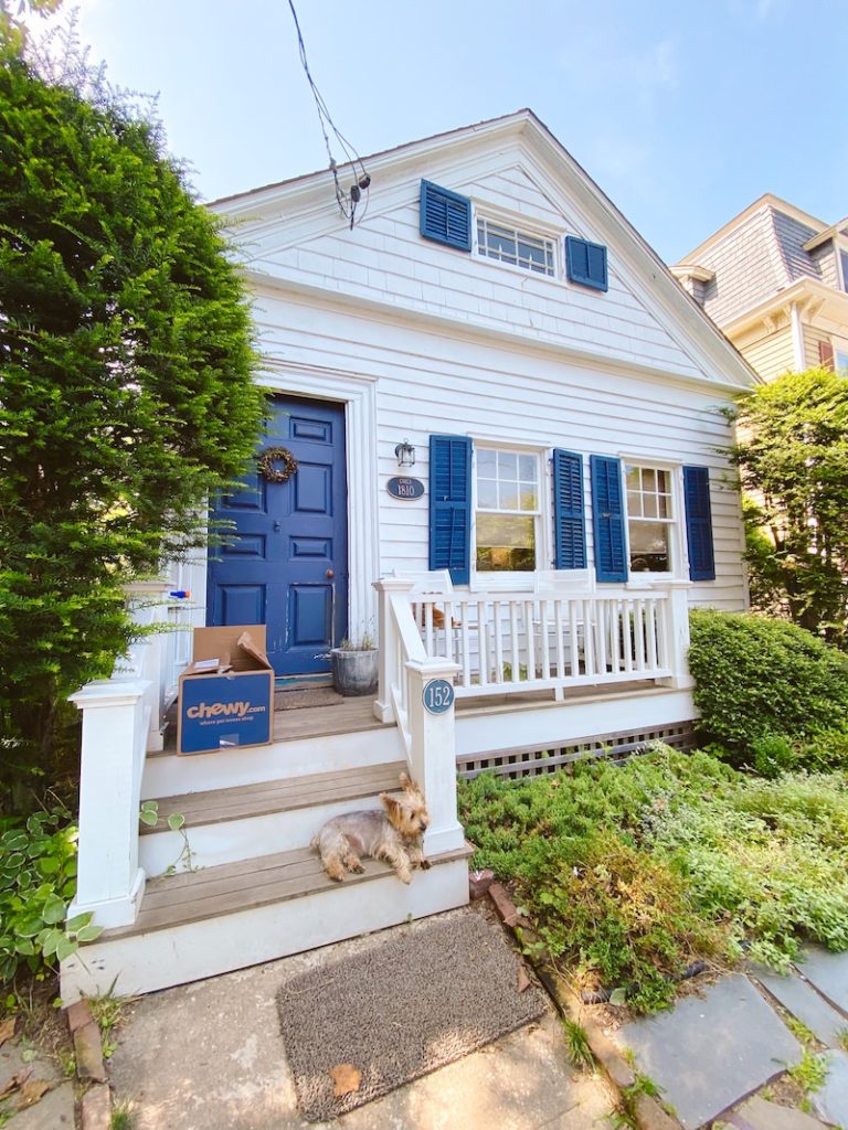A charming white farmhouse with blue trim and blue shutters, with a dog sitting on the front porch