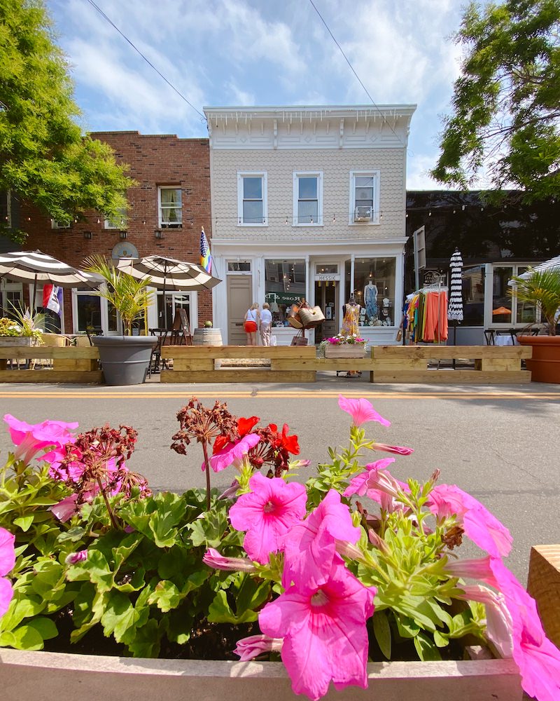Pink flowers in the foreground of view of a row of shops and restaurants in the town of Greenport, NY