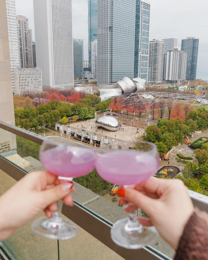 Two women's hands clinking together pink cocktails on a rooftop bar with a view of an urban park below.